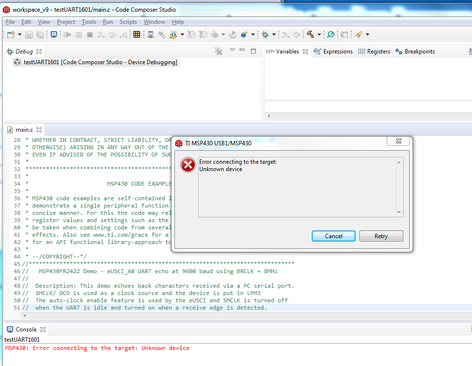 CCS MSP FR MSP Error Connecting To The Target Unknown Device MSP Low Power