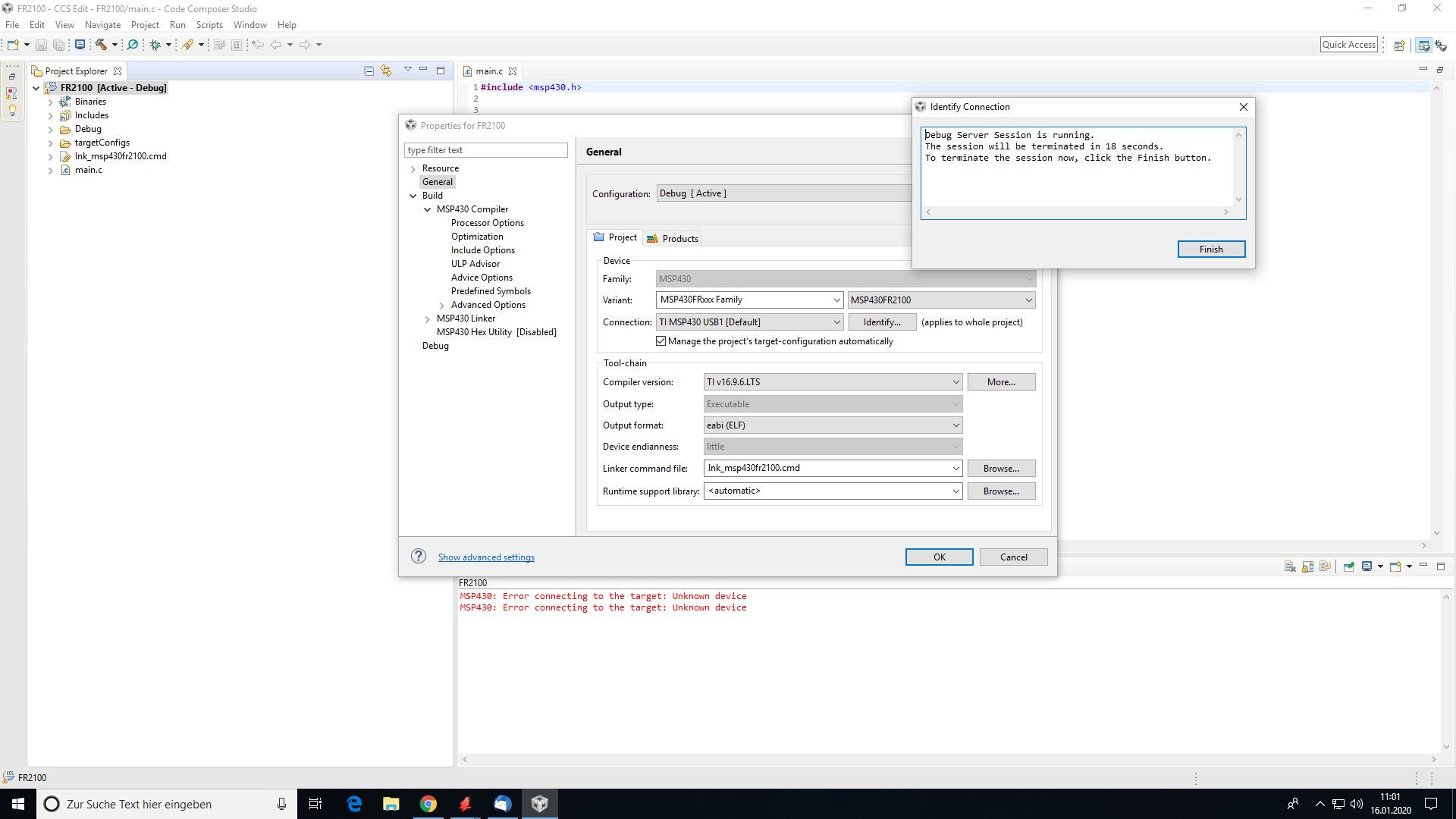 CCS MSP FR Error Connecting To The Target Unknown Device MSP Low Power Microcontroller