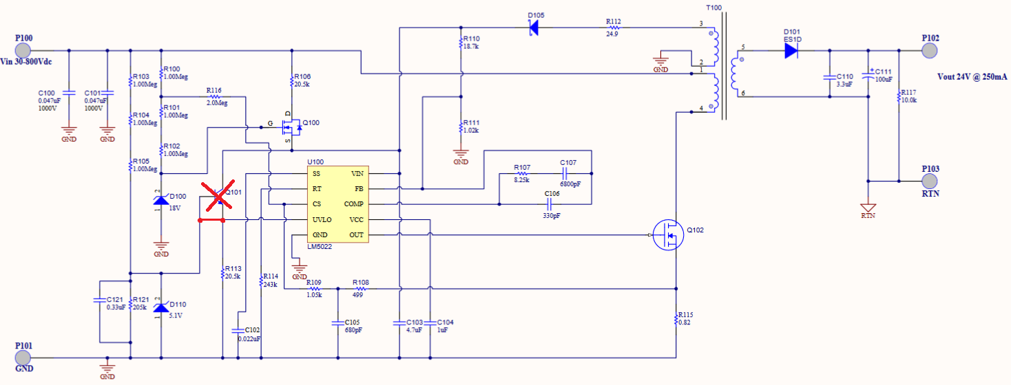 LM5022 High Voltage Isolated Flyback With LM5022 UVLO Circuit