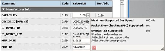 default-values-for-ucd9222-capability-and-device-id-rom-ver-commands