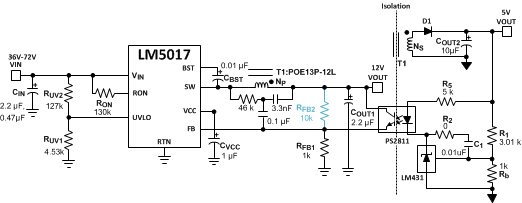 The LM5017 based Fly-Buck converter circuit with opto-coupler based regulation circuit