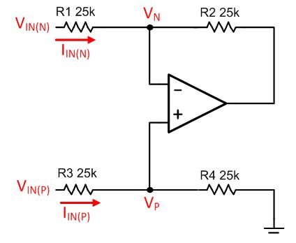 Relevant voltages and currents for the effective input resistance analysis of a difference amplifier