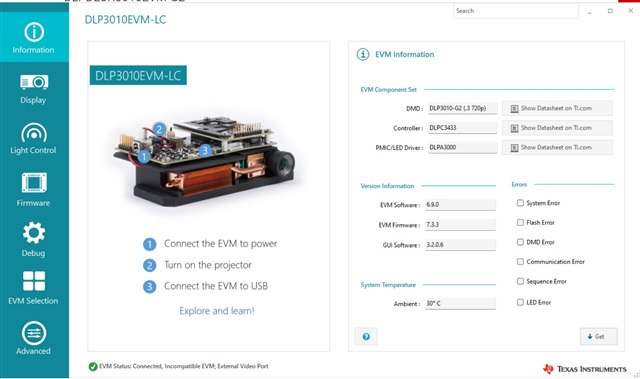 DLPDLCR3010EVM G2 GUI States Incompatible EVM And Light Control With