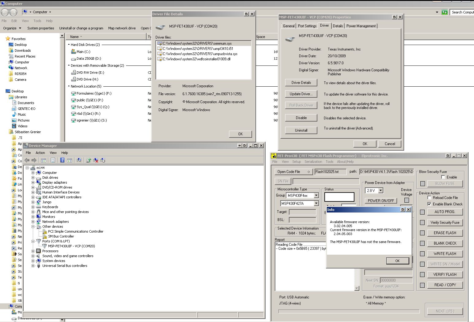 The target 'TI MSP430 USB1_0/MSP430' could not be found. - MSP low ...