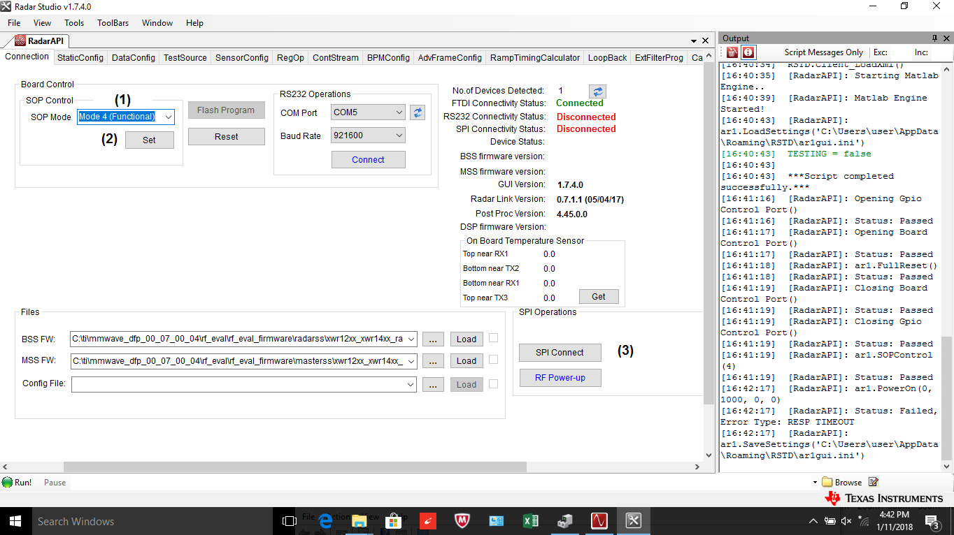 IWR1443BOOST: Radar Studio SPI Connection on Mode4(Functional ...