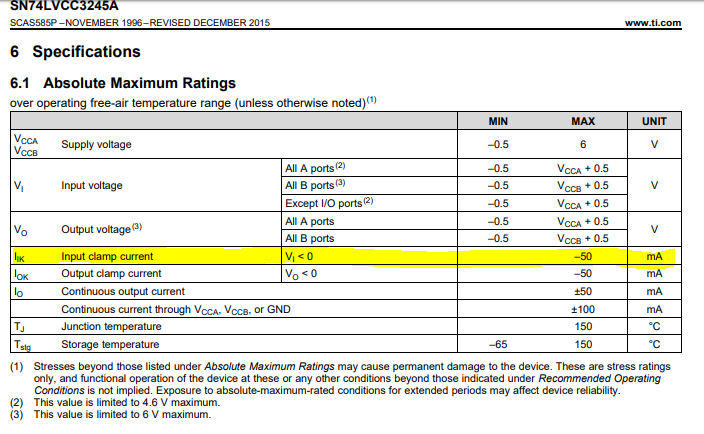 SN74LVCC3245A: The Absolute Max Ratings include the Input clamp current  when going negative, but not in excess of the rail. Is this also 50mA or  some lower number. - Logic forum 