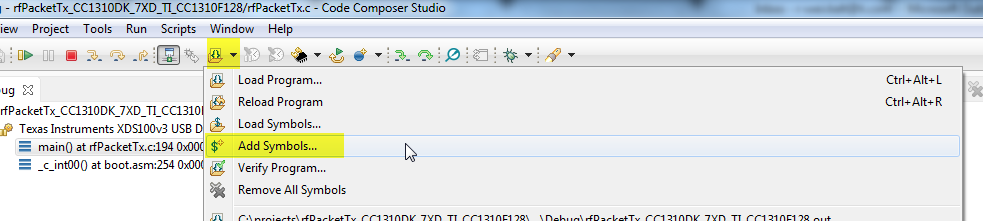 CC1310 Debug error with "No source available for "0x10000486" " - Sub-1 ...