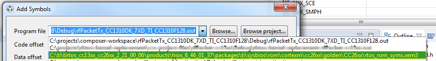 CC1310 Debug error with "No source available for "0x10000486" " - Sub-1 ...