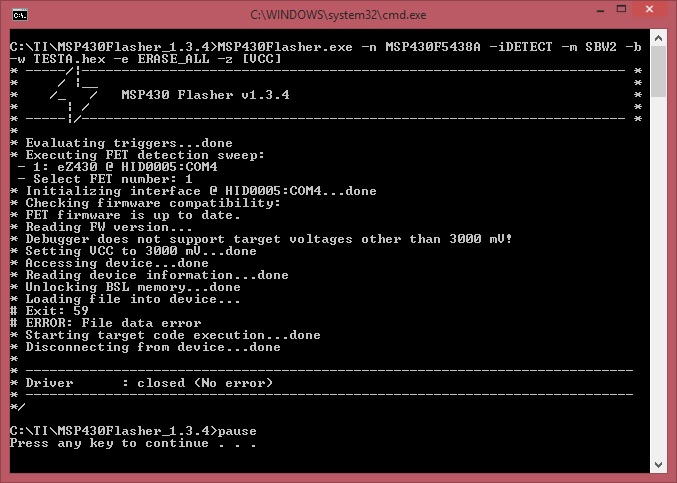 MSP430 Flasher: File Data Error when using hex file of MSP-Gang ...