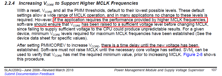 MSP430F67771A: PMM module configuration, Raising VCore Level in steps ...