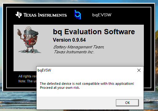 BQ20Z45-R1: BQEval SW says "detected device is not compatible with this ...
