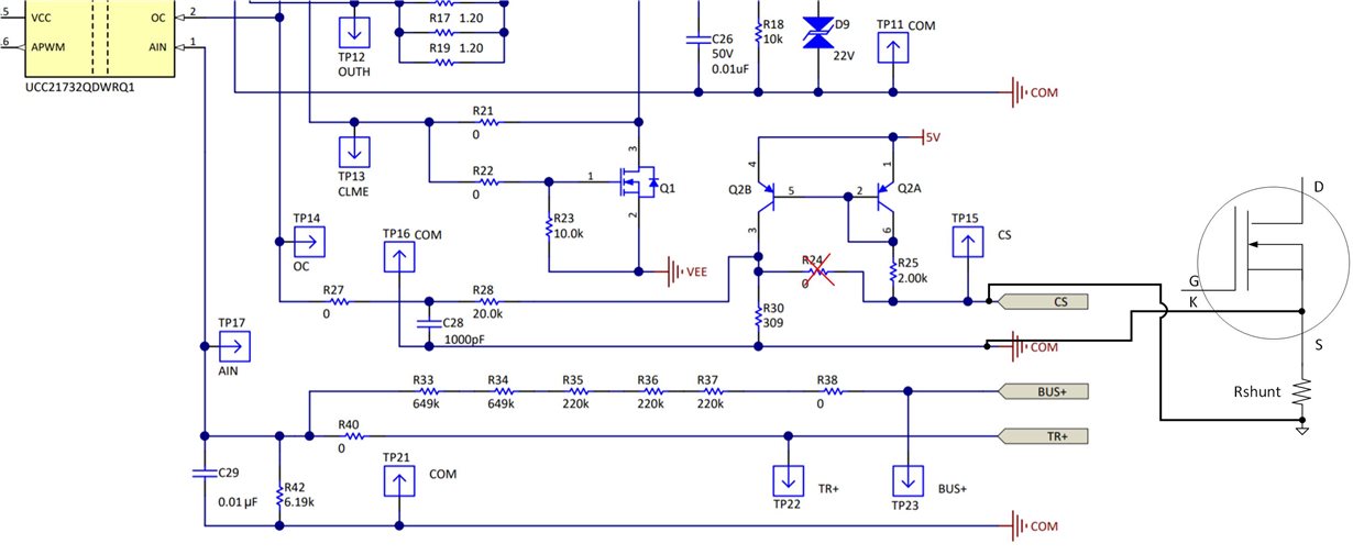 UCC21710-Q1: Current sense monitoring through shunt, with a SiC mosfet ...