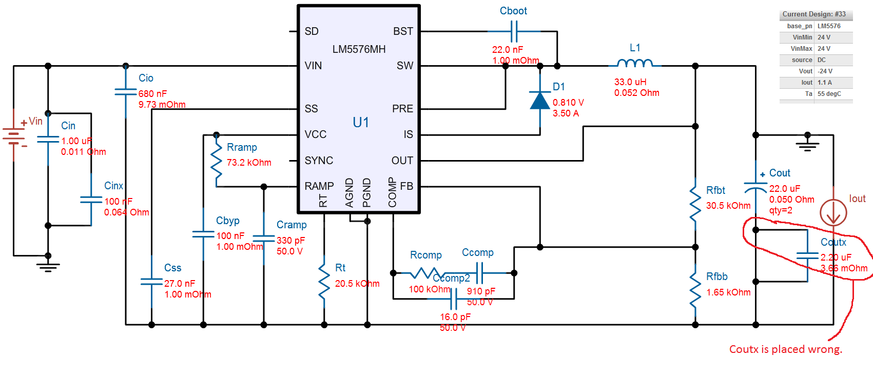 WEBENCH® Tools/LM5576: Inverting Schematic has Coutx Placed Wrong ...