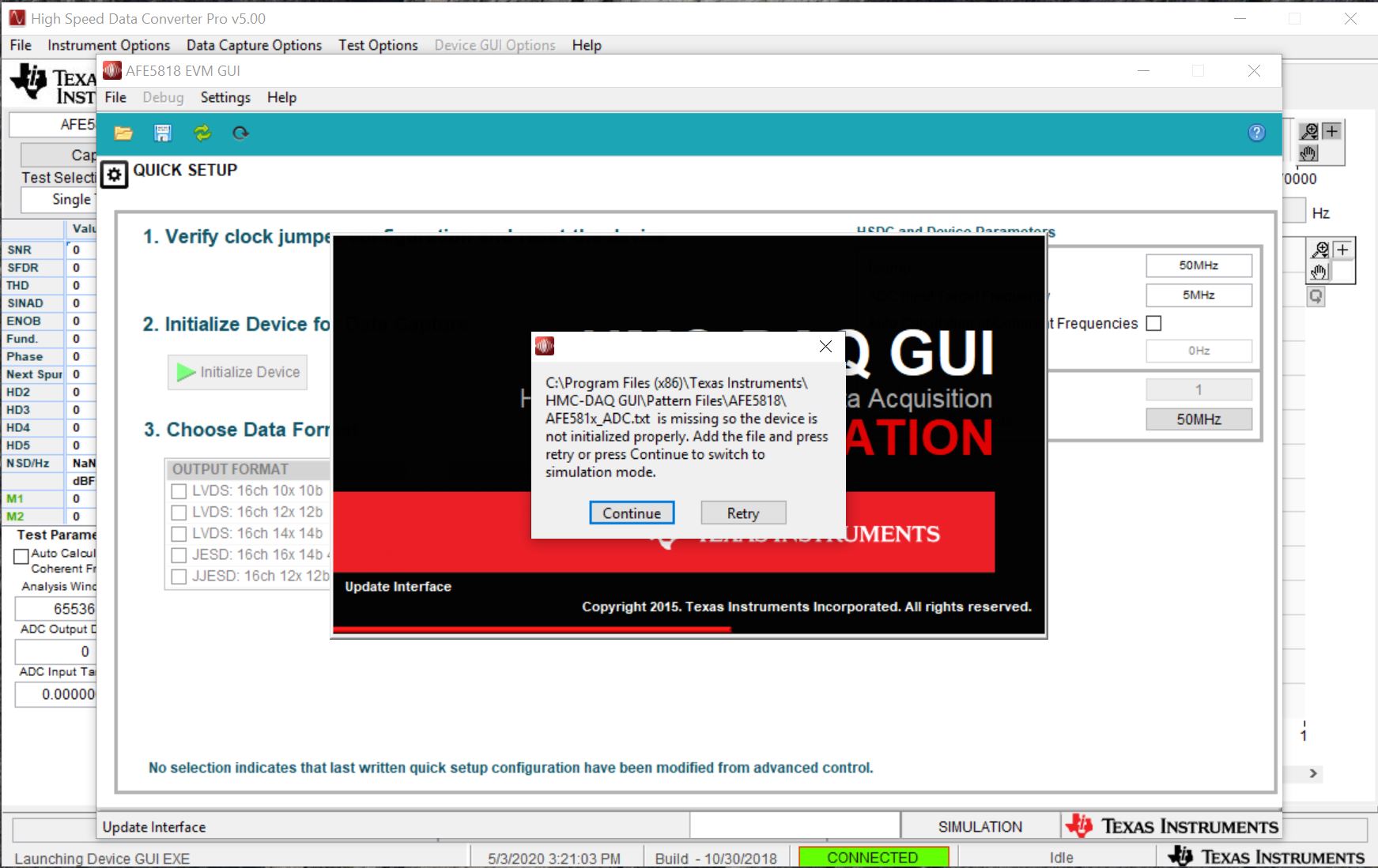 AFE5818EVM: HMC-DAQ GUI reset and initialize error - Data