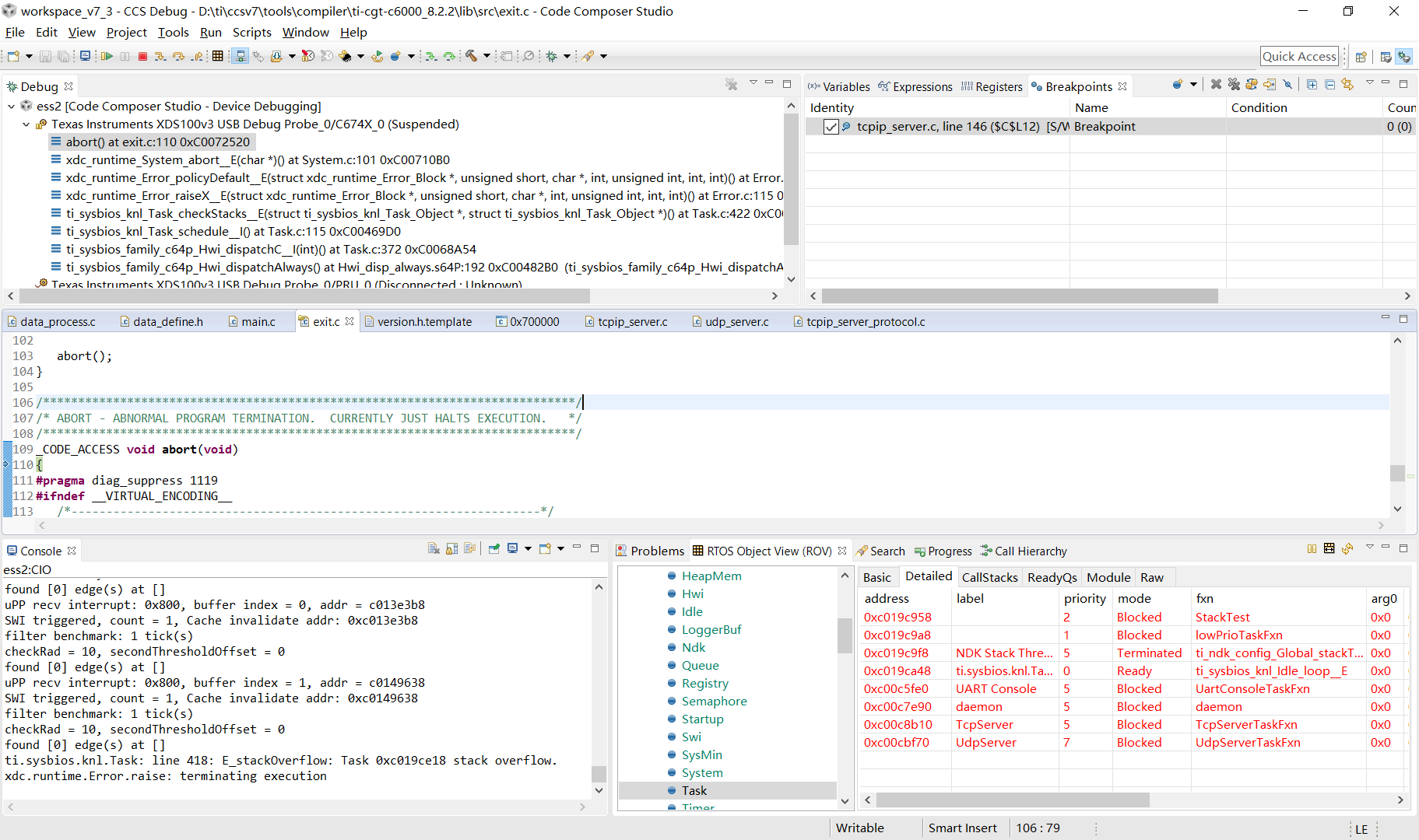 RTOS/TMS320C6746: Task stack overflow when I plug in the Ethernet cable ...