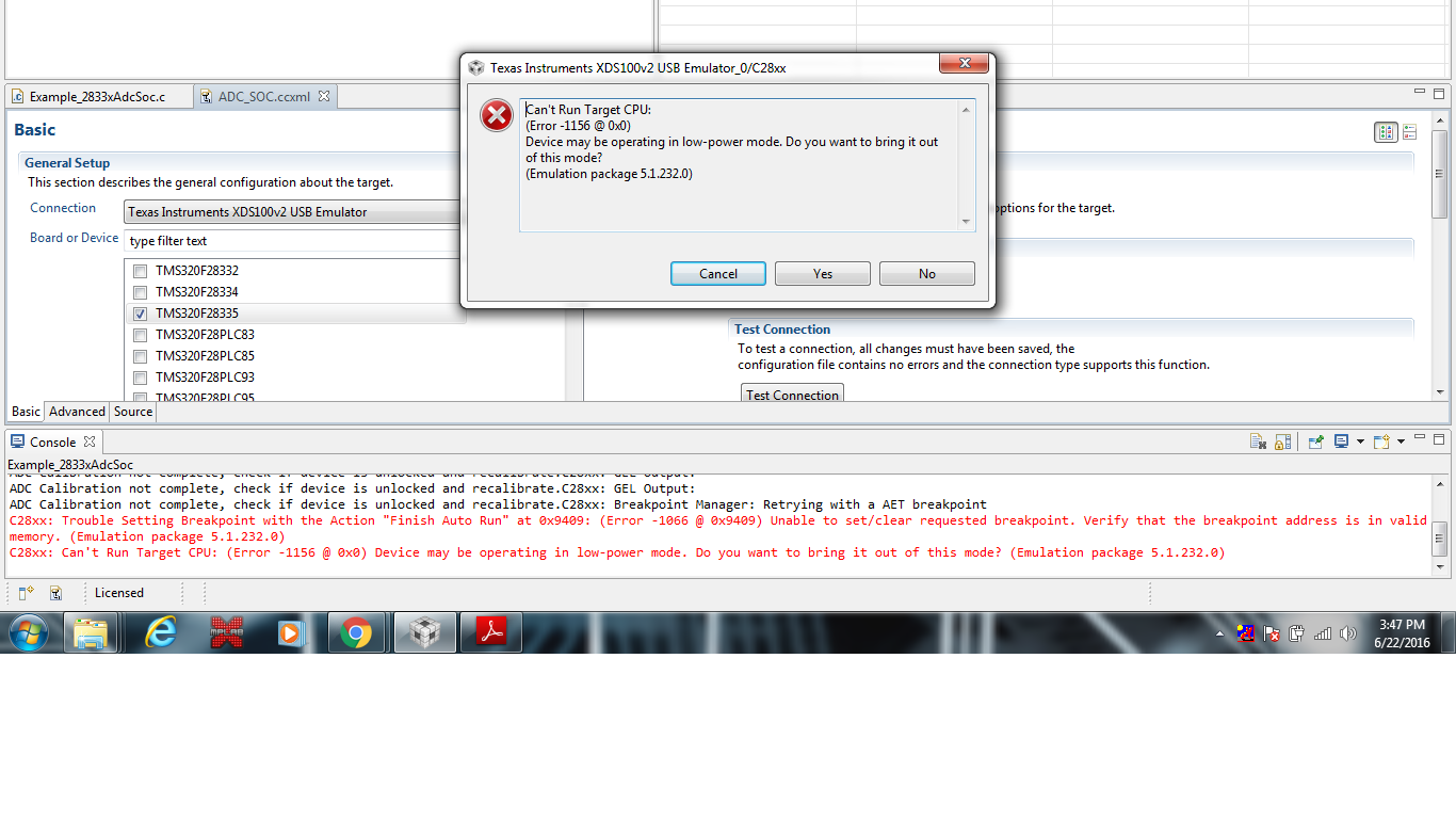 Error for TMS320F28335 with XDS100V2 jtag emulator - Code Composer 