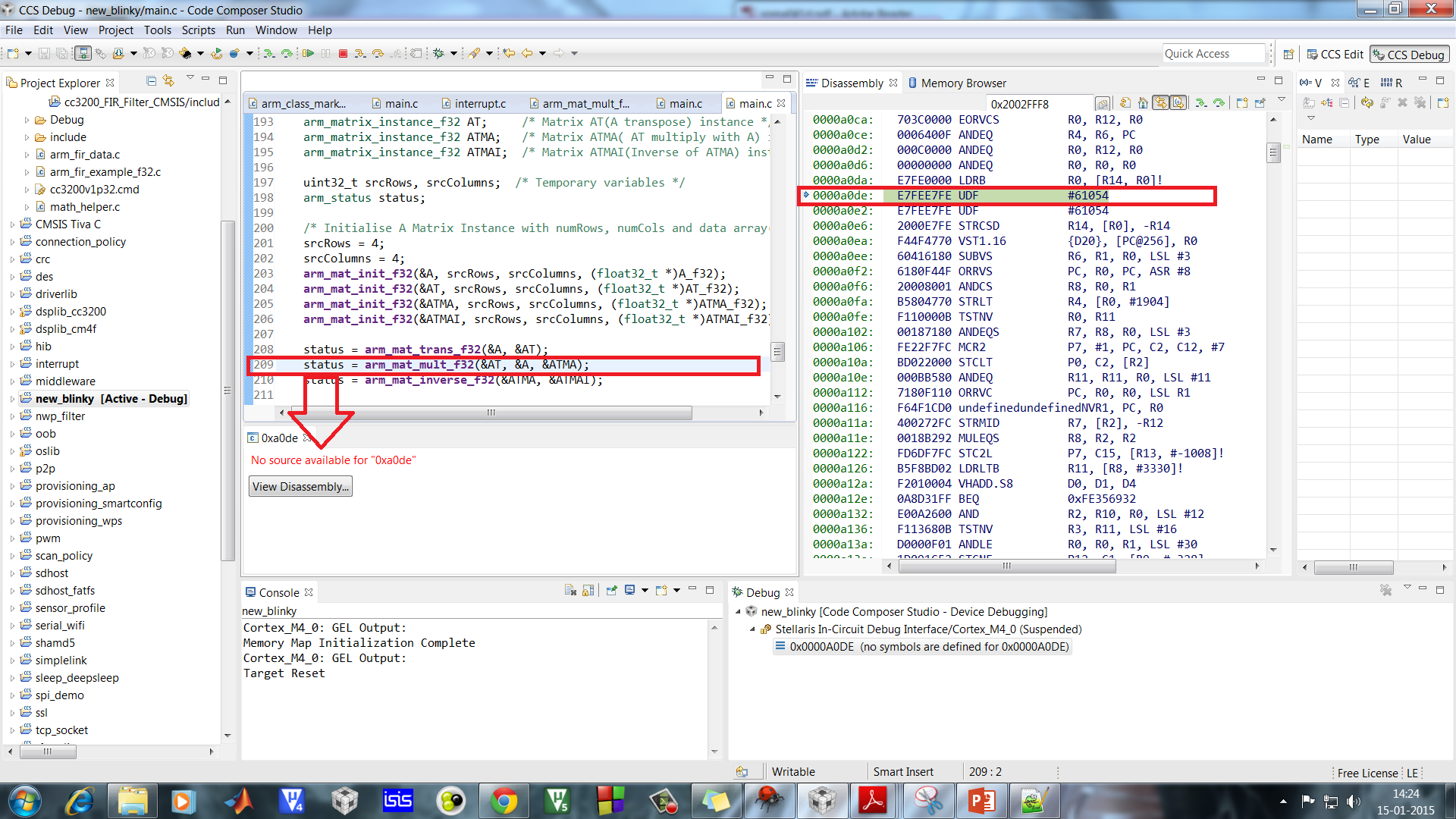CMSIS arm_mat_mult_f32 is not working, getting "No source available for