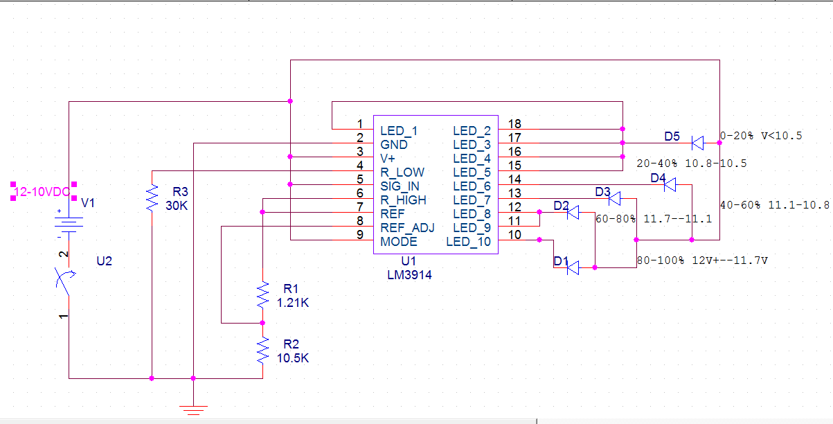 using LM3914 to show battery status - help needed - Simulation