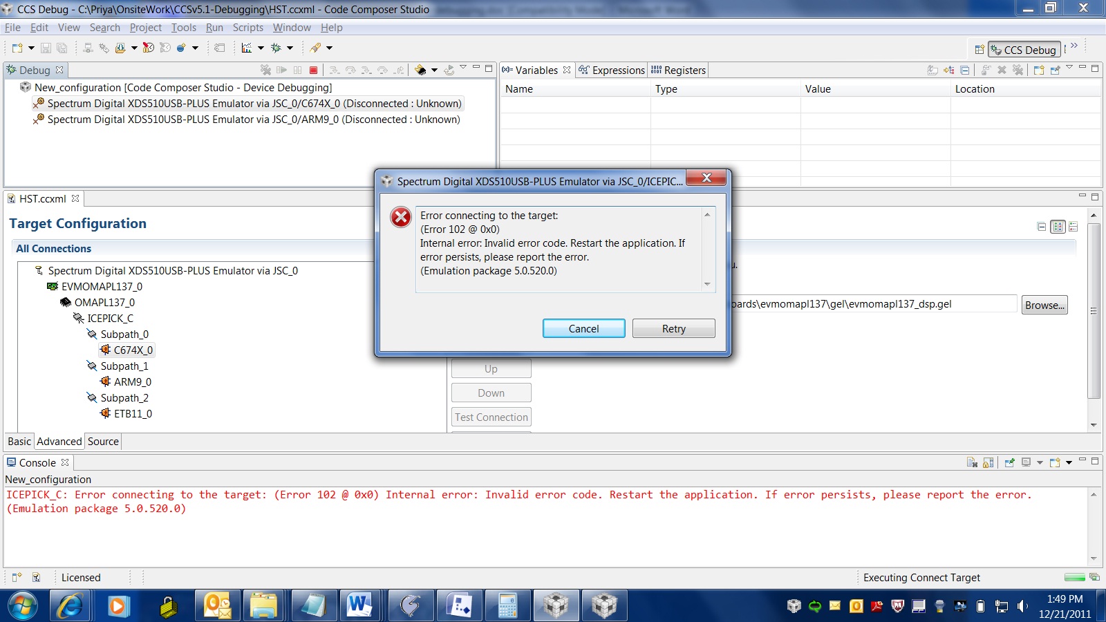Error while trying to connect target - Code Composer Studio forum ...