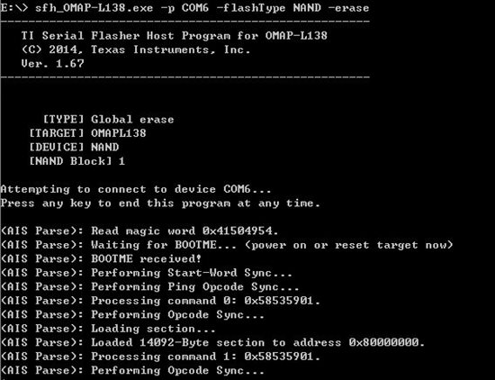 sfh_OMAP-L138.exe stop at: Flashing application u-boot-ais.bin (192784 ...