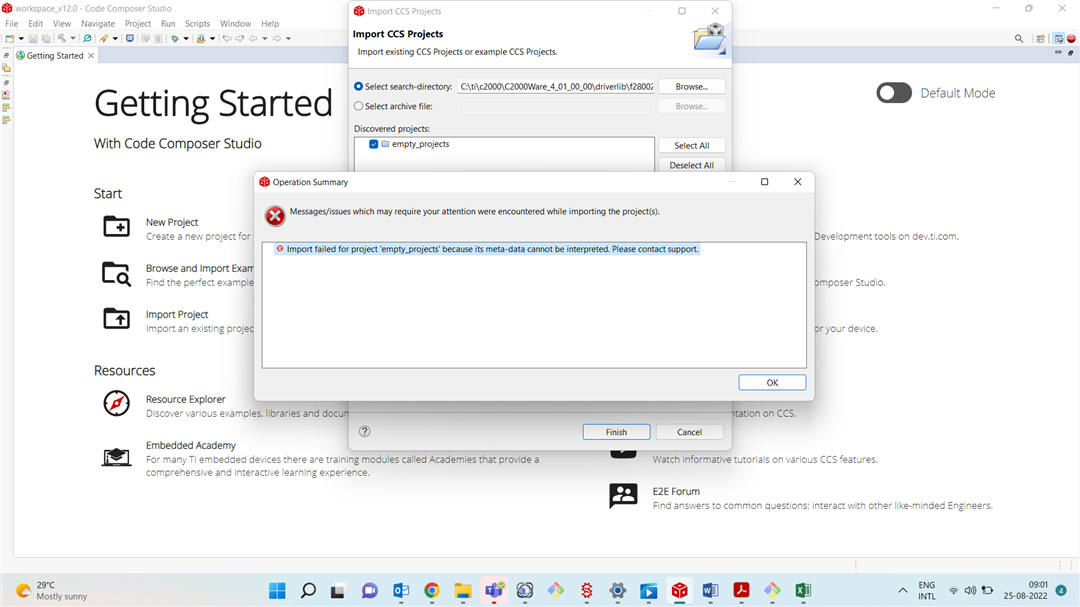 TMS320F280025: While importing the empty projects in driverlib f2800x ...