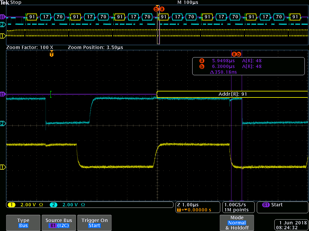 1st clock after start showing T(hd dat) > 350ns