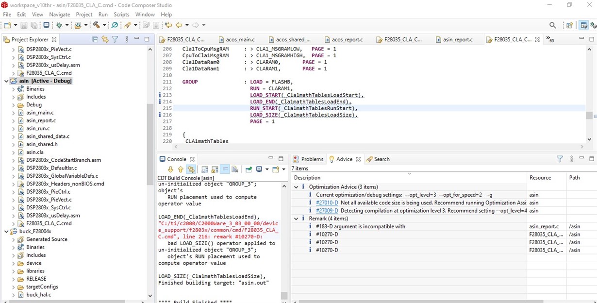 TMS320F28035 cla example warning C2000 microcontrollers forum