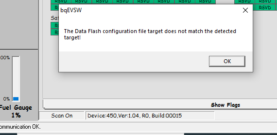 BQ20Z45-R1: BQEval SW says "detected device is not compatible with this ...
