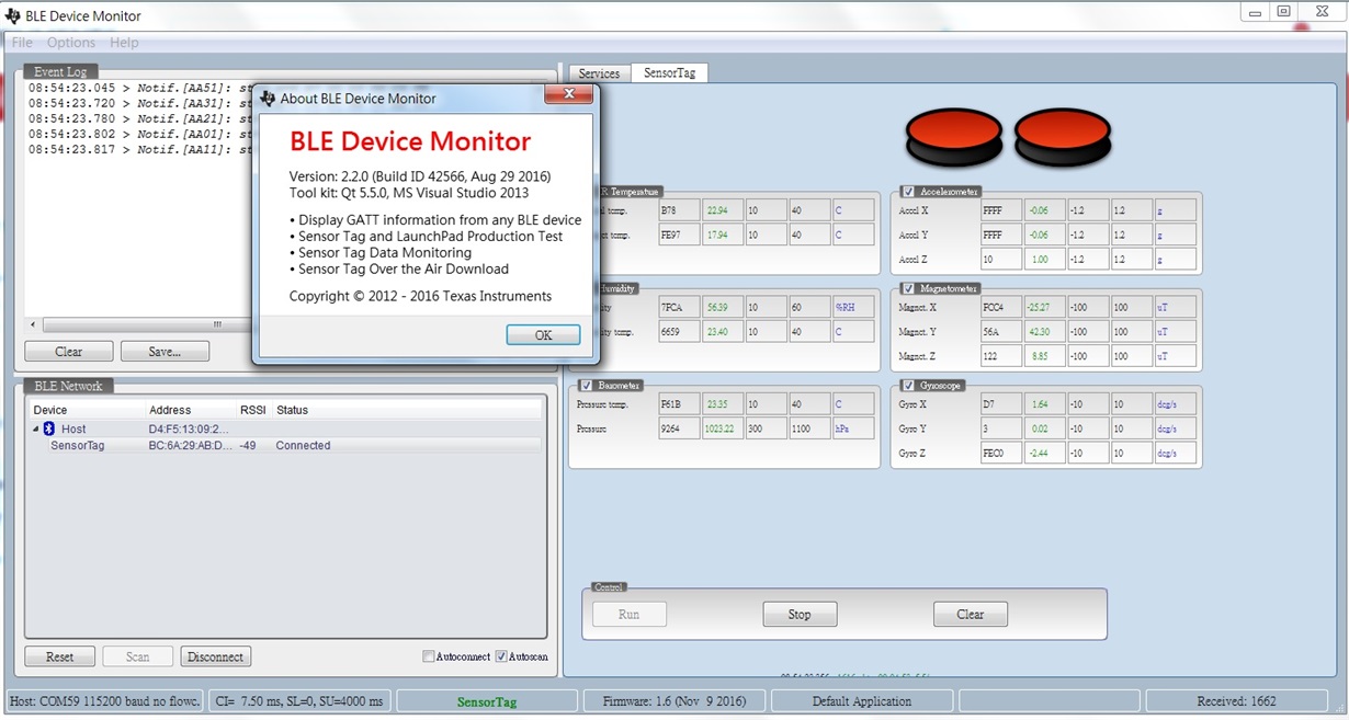 BLE Monitor does not show the Sensor tag tab when connected over the ...