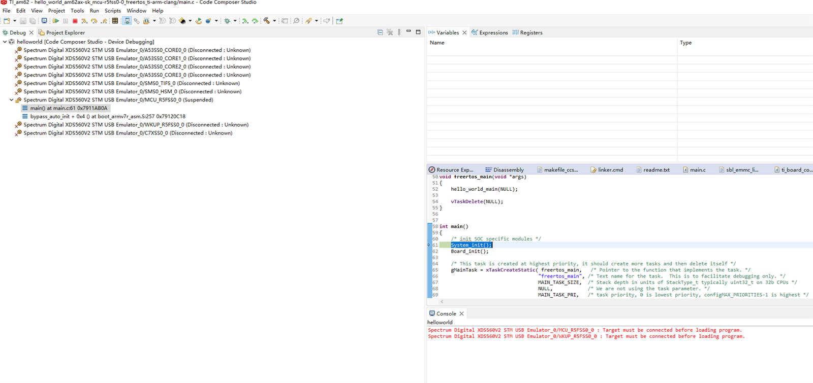 Helloworld MCU firmware load successfully by CCS