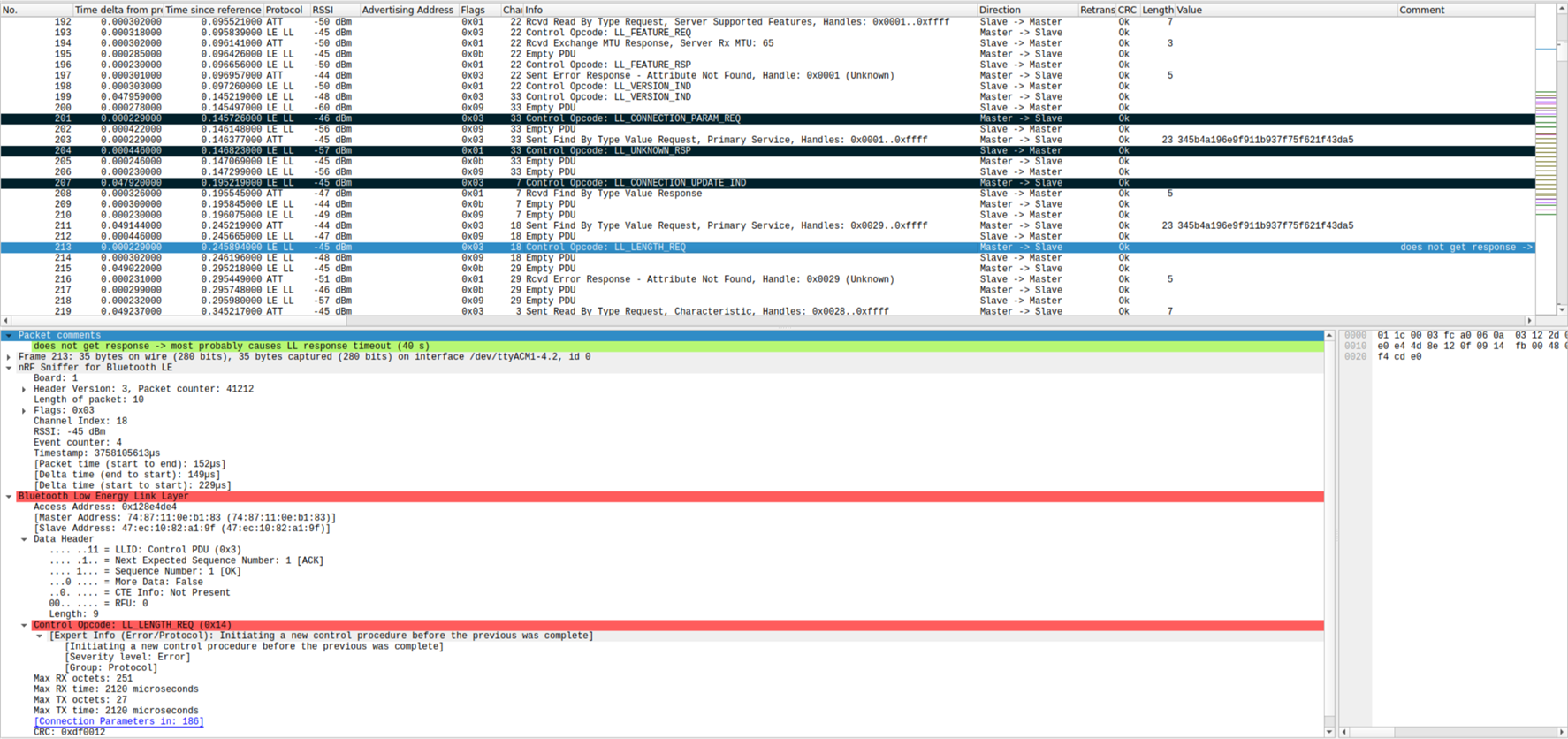 wireshark capture screenshot with LL_LENGTH_REQ details expanded