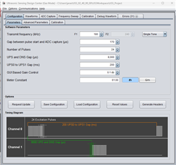 The USS software displaying relevant settings being sent to the EVAL board. Showing a requested update of 24 pulses at 180 kHz