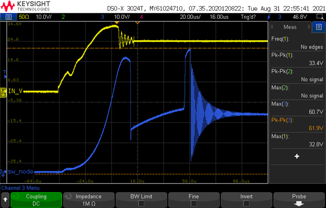 Yellow- Vin, Blue - SW_node (FET voltage)