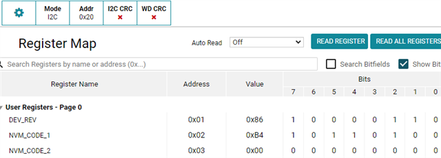 Working unit, Registe 0x01,0x02,0x03