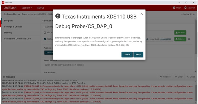 LP-AM263: Error -1170 @ 0x0 Unable to access the DAP