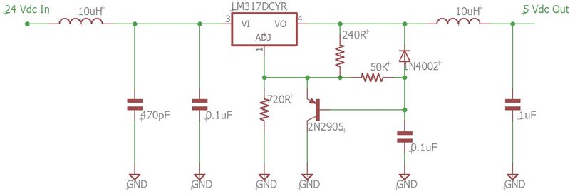 I need to reduce the inrush current of a 24Vdc to 5Vdc linear regulator ...