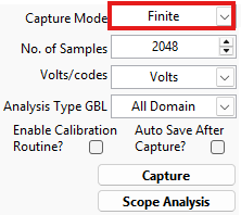 The menu in the "ADC Capture and Analysis" window of the AFE4403EVM GUI. The "Capture Mode" dropdown is set to "Finite," which is emphasized with a bold red box surrounding it.